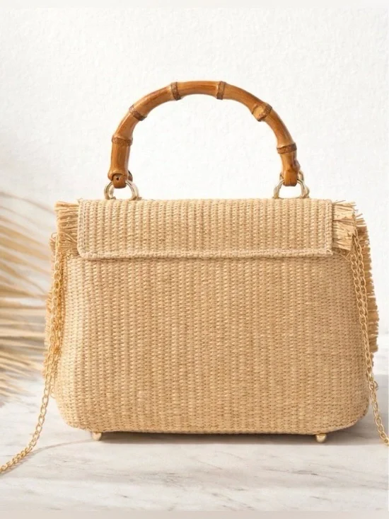 Tommy Bahama Bamboo Handle Raffia Fringe Crossbody Bag Luxe Resort Boho Beach - Picture 3 of 10